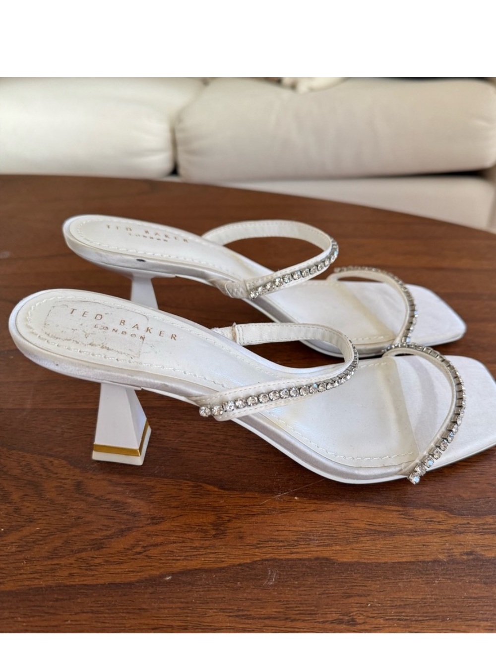 Ted Baker White Crystal-Embellished Kitten Strappy Heels 7